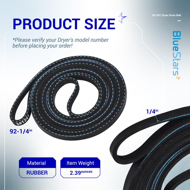 BlueStars 341241 Dryer Drum Belt - Compatible with Whirlpool Kenmore Roper Amana Dryers - Replaces 8066065 AP2946843 W10127457 PS346995 14210003 31531589 31001026 3394651 529597 WED4815EW1 NED4655EW1 - Image 2